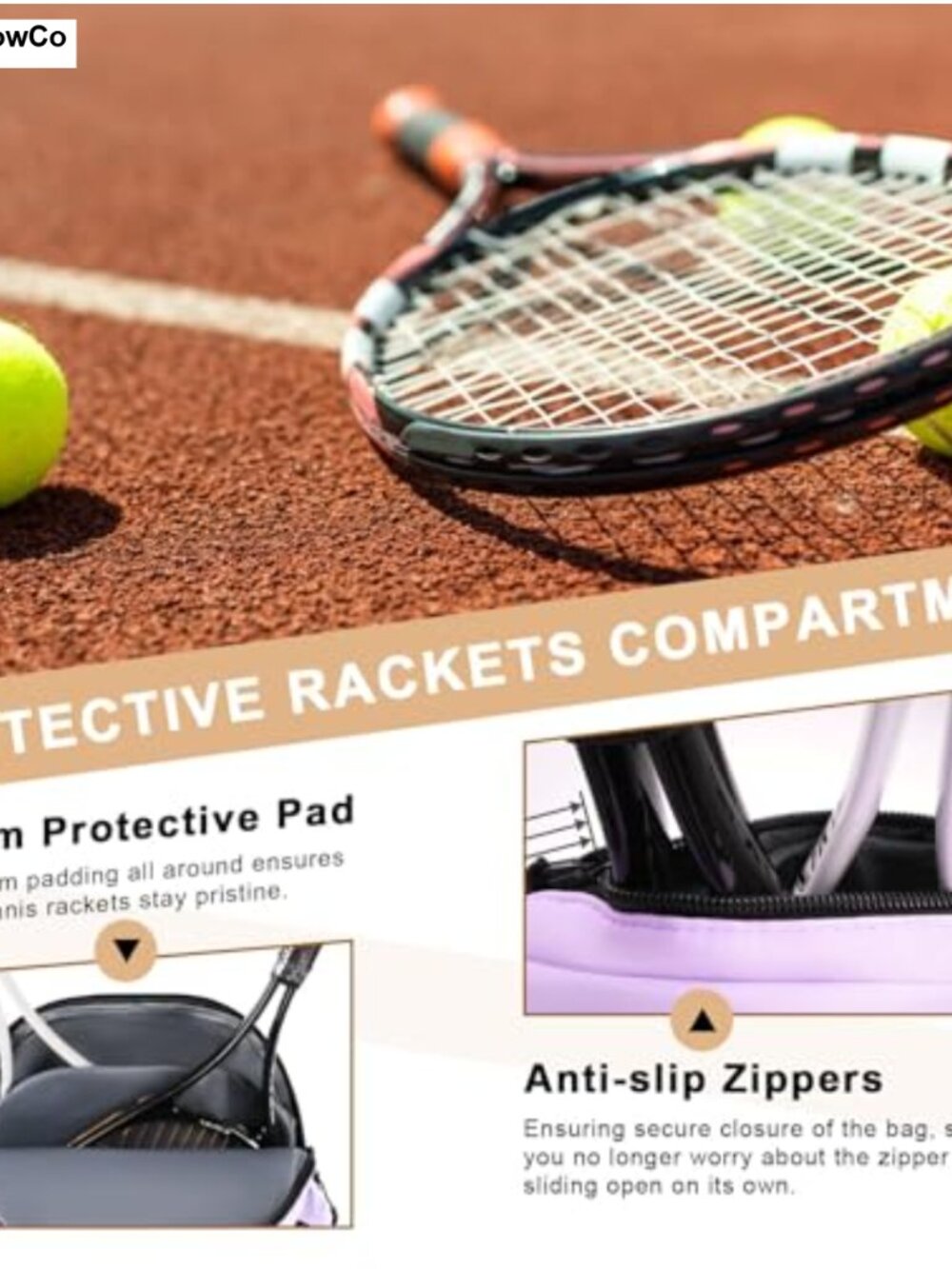 Tennis Racket Backpack Holds 2 Rackets, 40L, Waterproof, Ventilated Shoe - Picture 3 of 5